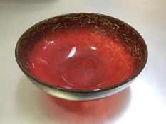 A Vasart style circular orange and gold pyrite fruit bowl, unsigned (h.12cm x 29cm)