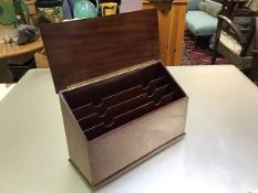 A Victorian burr walnut slope front stationary box with boxwood strung border, the hinged top