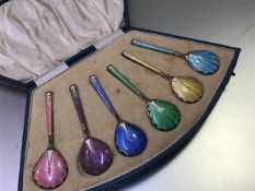 A set of six Birmingham silver guilloche enamelled fan shaped bowl coffee spoons, in original fitted