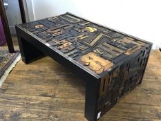 A rare 1970s/80s coffee table, the top and sides made up with vintage printers wooden type blocks,