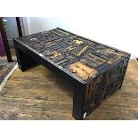 A rare 1970s/80s coffee table, the top and sides made up with vintage printers wooden type blocks,