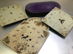 A 19thc painted arched dial longcase face, two square 19thc enamelled clock faces and a Victorian