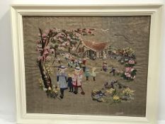 A sewn work panel on linen, Victorian Children Playing, embroidered by Trudy Thomas 2002 (48cm x