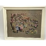 A sewn work panel on linen, Victorian Children Playing, embroidered by Trudy Thomas 2002 (48cm x