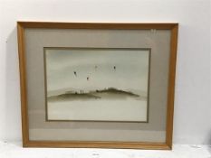 Ken Lochead, Flying Kites on a Windy Day, watercolour, signed and dated 1980 (25cm x 35cm