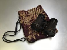 A Victorian velveteen embroidered bag with fern and leaf decoration (17cm x 14cm) and a pair of