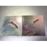 Two hand painted ceramic tiles by J.E. Dean, depicting a Trout and a Carp, signed (losses and