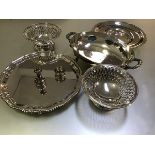 A mixed lot comprising an Epns oval serving dish with leaf moulded handles, a pair of pierced