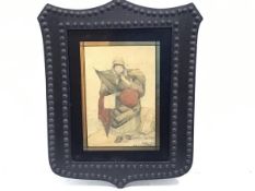A 19thc pencil sketch of a women highlighted with colour, mounted in shield shaped brass studded