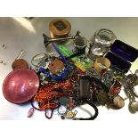 A jewellery box containing miscellaneous bead necklaces, silver part condiment set, wristwatches,