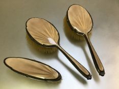 A Birmingham silver brown guilloche enamelled 1930s part brush set including two hairbrushes (24cm x