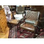 Two hardwood steamer style chairs with cane and rattan backs and seats, raised on turned and