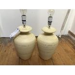 A pair of pottery ribbed baluster table lamps (h.34cm)
