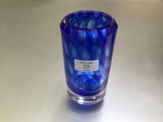 A Kosta Swedish circular cased glass vase with blue outlined oval design, signed verso (h.17cm d.
