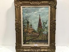 Yuri Malanenkov, View of Moscow, oil on canvas, signed with initials and inscribed verso, in gilt