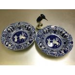 A pair of 19thc Romanesque blue transfer printed plates and a Rosenthal model of a Kingfisher (3)