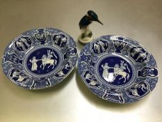 A pair of 19thc Romanesque blue transfer printed plates and a Rosenthal model of a Kingfisher (3)