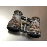 A pair of late 19th century mother-of-pearl mounted painted porcelain opera glasses, probably