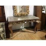 A giltwood side table in mid-18th century style, the rectangular parquetry top above a pierced