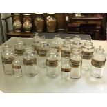 A group of late 19th century clear glass pharmacy jars each with red and gilt label, twelve of