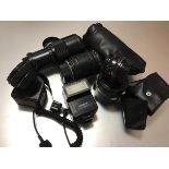 A group of lenses etc comprising: a Minolta MD 35mm 4/2.8; a Minolta MD75-200mm F/4.5; a Tamron 28-