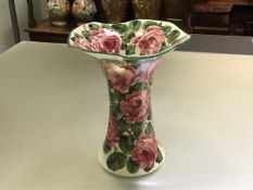 A large Wemyss pottery Eva vase painted with pink cabbage roses, painted mark "Wemyss" (small rim