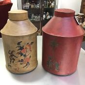 Two tole-ware tea canisters, of characteristic form, one painted with Oriental figures under a