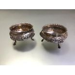 A matched pair of Victorian silver cauldron salts, EM, Sheffield 1856 and Martin Hall & Co., 1861,