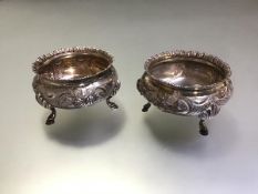 A matched pair of Victorian silver cauldron salts, EM, Sheffield 1856 and Martin Hall & Co., 1861,