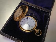 A late Victorian 18ct gold full hunter pocket watch, the three quarter plate keyless wind lever