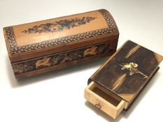 A 19th century Tunbridge Ware dome-top box, the hinged cover decorated with a spray of roses, the