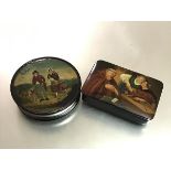 Two 19th century papier mache snuff boxes: the first, circular, the cover decorated with a family in