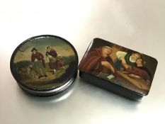 Two 19th century papier mache snuff boxes: the first, circular, the cover decorated with a family in