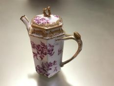 A late 19th/early 20th century Dresden porcelain coffee pot, of hexagonal form, with bud-moulded