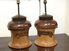 A pair of late 19th century Scottish stoneware snuff or tobacco jars, mounted as table lamps, salt-