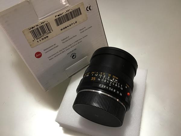 A Leica 35mm F2 Summicron-R lens, boxed