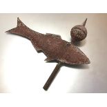A late 19th century iron and metal fish-form weather vane, with pointed sphere terminal. Length