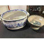 A 19thc blue and white Indian Temple pattern oval twin handled foot bath together with a Victorian