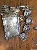 A group of four silver plated crystal circular dishes, a Sheffield plate tray with glass liner, fish