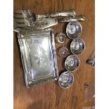 A group of four silver plated crystal circular dishes, a Sheffield plate tray with glass liner, fish