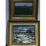 Pat Holland, 20thc. Scottish, Field at Night, oil on board, and Spring Fields, oil on board, framed