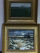 Pat Holland, 20thc. Scottish, Field at Night, oil on board, and Spring Fields, oil on board, framed