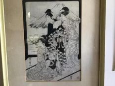 An early 19thc Japanese woodcut in the style of Kitao Shigemasa depicting three ladies before a view