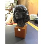 Fiona Morrison, resin moulded bust of a lady mounted on teak block, h 57cm l 37cm