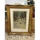 Joseph Farquharson, Grazing in the Snow, coloured print, signed lower right, lion stamp to left,