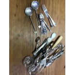 A mixed lot of flatware including a set of six inlaid Egyptian white metal coffee spoons, two jam