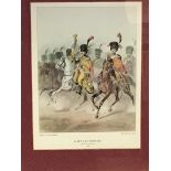 A set of four coloured prints of French Napoleonic soldiers in gilt frames with hessian mounts (