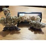 Two Chinese carved soapstone brush washers together with a balsa wood diorama in case (3)