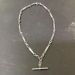 A white metal fancy link necklace in the form of a watch chain, with T bar to base, marked 925 (