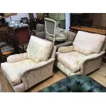 A pair of modern 'Landsdowne' easy chairs, upholstered in gold damask, raised on turned legs and